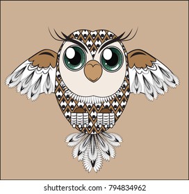 the fantastic stylized owl, with feathers and green shining eyes