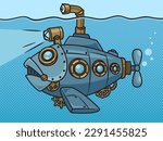 fantastic submarine in the form of mechanical big fish pinup pop art retro vector illustration. Comic book style imitation.