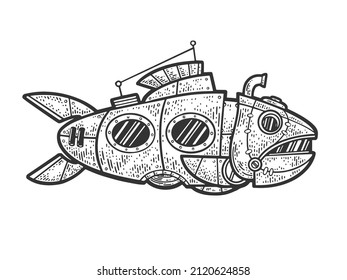 fantastic submarine in the form of mechanical big fish sketch engraving vector illustration. T-shirt apparel print design. Scratch board imitation. Black and white hand drawn image.