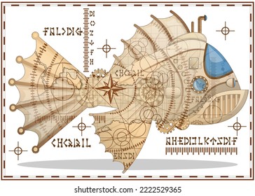 Un submarino fantástico en forma de pez. Doble exposición. Vista lateral. Ilustración vectorial.