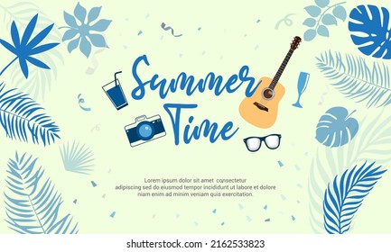 Fantastic summer time party design with guitar, camera, and glasses vector.