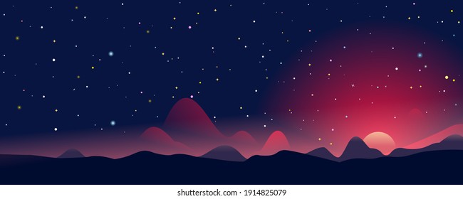 Fantastic sunrise landscape panorama among the mountains on background of starry sky, evening landscape on a fantastic planet, colonization of new planet, eps10 with blending mode