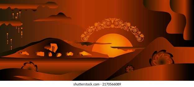 Fantastic sunset in the Scythian steppe. Scythian burial mound and ancient sculpture on the background of the steppe landscape.Scythian pattern.