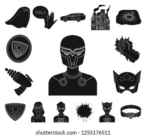 A fantastic superhero black icons in set collection for design. Superhero's equipment vector symbol stock web illustration.