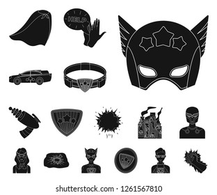 A fantastic superhero black icons in set collection for design. Superhero's equipment vector symbol stock web illustration.