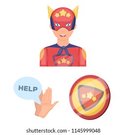 A fantastic superhero cartoon icons in set collection for design. Superhero equipment vector symbol stock web illustration.