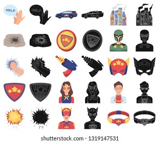 A fantastic superhero cartoon,black icons in set collection for design. Superhero's equipment vector symbol stock web illustration.