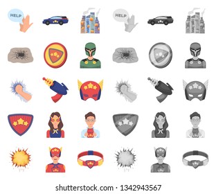 A fantastic superhero cartoon,mono icons in set collection for design. Superhero equipment vector symbol stock web illustration.