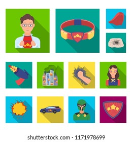 A fantastic superhero flat icons in set collection for design. Superhero's equipment vector symbol stock web illustration.