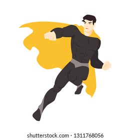 Fantastic superhero flying. Man with muscular body wearing bodysuit and cape. Comic character with super power. Brave and strong superhuman. Colorful vector illustration in flat cartoon style.