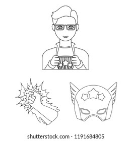 A fantastic superhero outline icons in set collection for design. Superhero s equipment vector symbol stock web illustration.