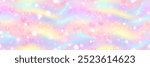 Fantastic sweet pink seamless pattern with hearts and bubbles. Candy unicorn bg with bokeh effect. Watercolor rainbow in pastel sky. Princess gradient background. Abstract vector wallpaper.