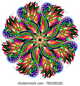 Fantastic swirl ornament done in kaleidoscopic style. Geometric circle vector image.