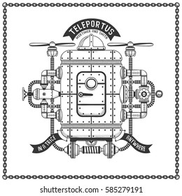 Fantastic teleportation machine. It consists of an armored corps, pipes, cables, propellers, valve units, devices. Shadows on a separate layer and can be disabled. Word teleportus on ribbon - is name.