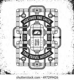 Fantastic Time Machine In The Steampunk Doodle Style With Grungy Background. Black And White Vector Layered Illustration.