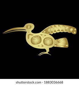 Fantastic totem bird with human faces inside. Traditional ethnic motif of North American Nootka Indians. Golden silhouette on black background.
