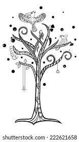 fantastic tree with branches and a flying bird swirls