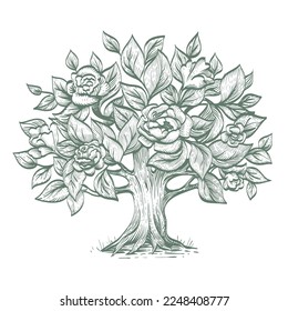 Árbol fantástico con flores, ilustración de grabado vectorial