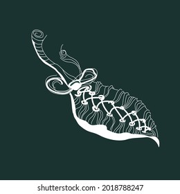 Fantastic tree leaf with laced veins and bow. Sketch with white lines on a dark green background