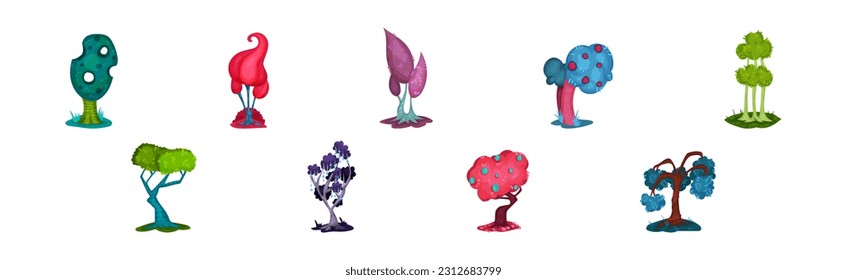 Fantastic Trees with Lush Crown and Trunk Vector Set