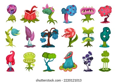 Fantastic Trees and Plants with Toothy Mouth and Fancy Trunks Big Vector Set