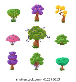Fantastic Trees Set Of Cute Girly Style Cartoon Vector Flat Drawings Isolated On White Background