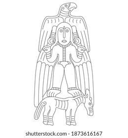 Fantastic tribal motif. Winged woman or goddess, bird and horse. Permian animal style. Ancient Siberia. Black and white linear silhouette.