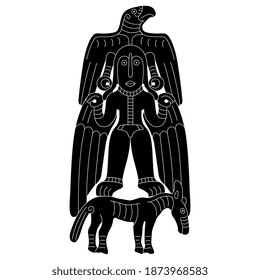 Fantastic tribal motif. Winged woman or goddess, bird and horse. Permian animal style. Ancient Siberia. Black and white silhouette.