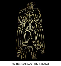 Fantastic tribal motif. Winged woman or goddess, bird and horse. Permian animal style. Ancient Siberia. Hand drawn linear rough sketch. Golden silhouette on white background.