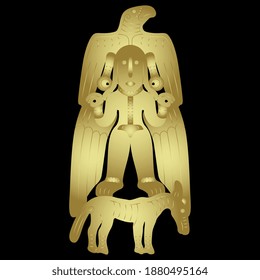 Fantastic tribal motif. Winged woman or goddess, bird and horse. Permian animal style. Ancient Siberia. Golden silhouette on black background.