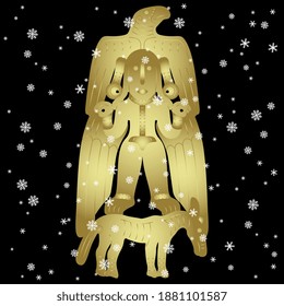 Fantastic tribal winter motif. Winged woman or goddess, bird and horse under snowflakes. Permian animal style. Ancient Siberia. Golden silhouette on black background.
