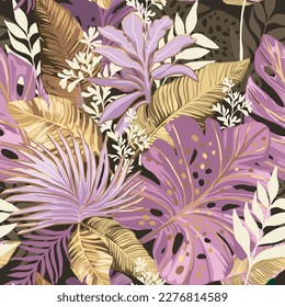 Fantastic tropical leaves on a dark background. Pink and beige colors. Seamless pattern. 