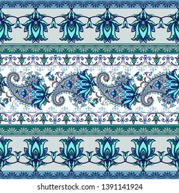 Fantastic turquoise floral ornament with paisley. Floral wallpaper. Decorative ornament for fabric, textile, wrapping paper.