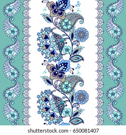 Fantastic turquoise floral ornament with paisley.  Floral wallpaper. Decorative ornament for fabric, textile, wrapping paper. 