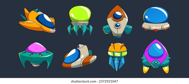 Fantastic ufo spaceships for video game. Cartoon vector illustration set of flying futuristic cosmic alien spacecrafts for gui. Scifi funny shuttle and vehicle for space travelling and exploration.