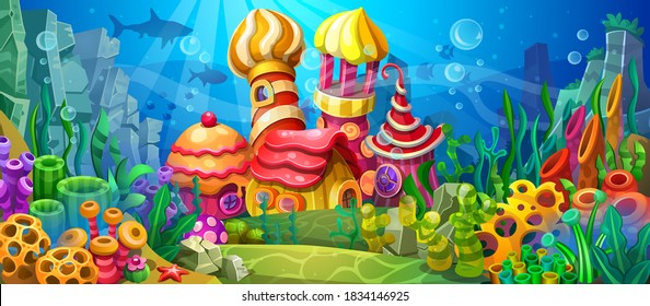 A fantastic underwater town for marine life. Underwater landscape with colorful algae, corals, sponges and fish.