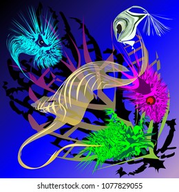 Fantastic underwater world: fishes, mollusks, seaweed, jellyfishes. Color vector drawing