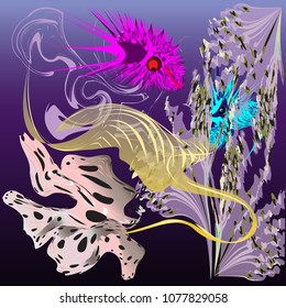 Fantastic underwater world: fishes, mollusks, seaweed, jellyfishes. Color vector drawing