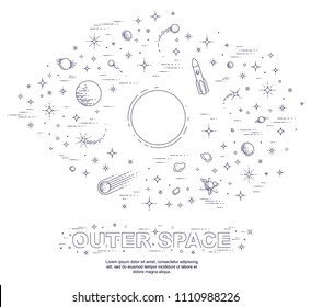 Fantastic undiscovered galaxy with unknown planets, science fiction, with stars, comets, asteroids and other elements. Explore universe, breathtaking space science. Thin line 3d vector illustration.