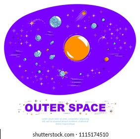 Fantastic undiscovered galaxy with unknown planets, science fiction, with stars and other elements. Explore universe, breathtaking space science. Thin line 3d vector illustration.