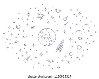Fantastic undiscovered galaxy with unknown planets, science fiction, with stars, comets, asteroids and other elements. Explore universe, breathtaking space science. Thin line 3d vector illustration.