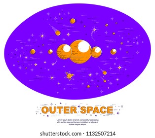 Fantastic undiscovered galaxy with unknown planets, science fiction, with stars, comets, asteroids and other elements. Explore universe, breathtaking space science. Thin line 3d vector illustration.