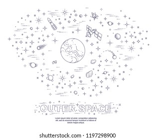 Fantastic undiscovered galaxy with unknown planets, science fiction, with stars and other elements. Explore universe, breathtaking space science. Thin line 3d vector illustration.