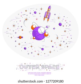 Fantastic undiscovered galaxy with unknown planets, science fiction, with rockets, stars and other elements. Explore universe, breathtaking space science. Thin line 3d vector illustration.