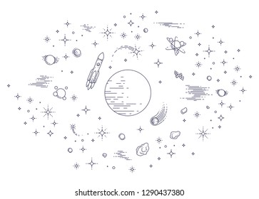 Fantastic undiscovered galaxy with unknown planets, science fiction, with rockets, stars and other elements. Explore universe, breathtaking space science. Thin line 3d vector illustration.
