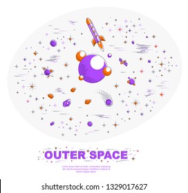 Fantastic undiscovered galaxy with unknown planets, science fiction, with rockets, stars and other elements. Explore universe, breathtaking space science. Thin line 3d vector illustration.
