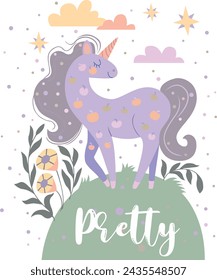 fantastic unicorn on grass with colorful flowers and roses