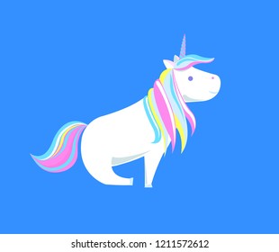 Fantastic unicorn with rainbow color mane and tail, sharp horn. White horse from fairy tales or legends, magic animal cartoon vector illustration.