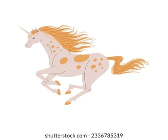 Fantastic unicorn running, cartoon flat vector illustration isolated on white background. Fairytale animal character for kids. Magical horse drawing.