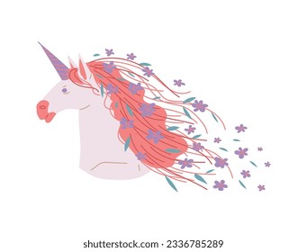 Fantastic unicron with flowers in pink mane, cartoon flat vector illustration isolated on white background. Head of fairy horse. Magic animal for kids designs.